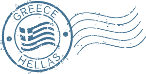 Stamp with Greek flag in the centre and the words Greece on top and Hellas on the bottom of circle.